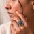 German silver oxidized cz navy blue floral adjustable finger ring