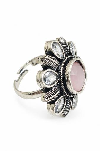 German silver oxidized cz pink floral adjustable finger ring