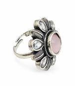 German silver oxidized cz pink floral adjustable finger ring