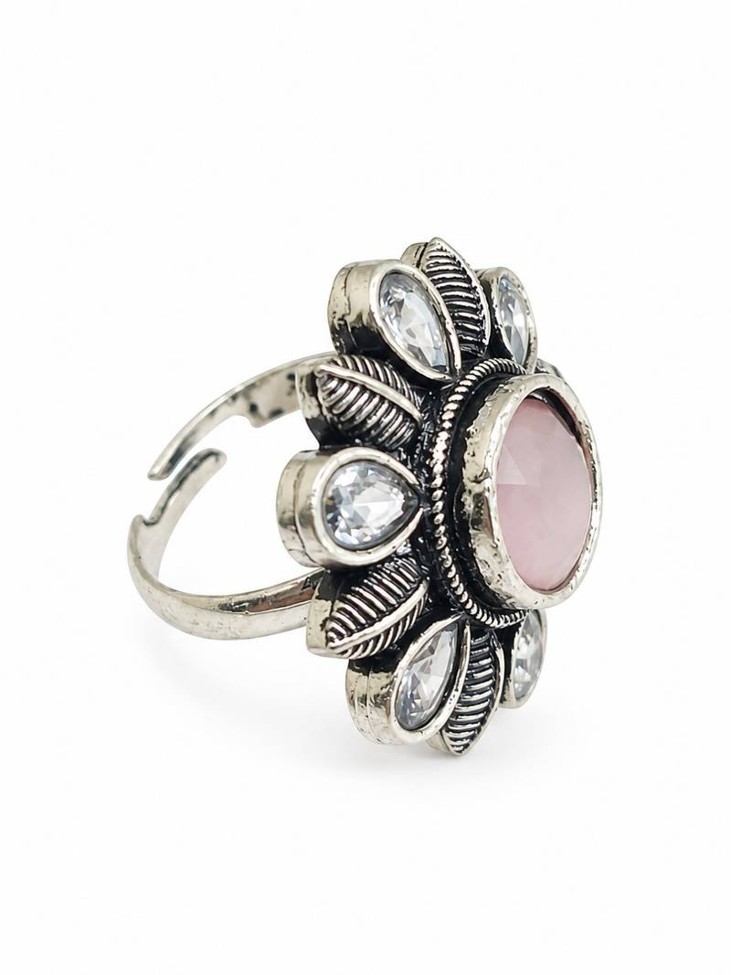 German silver oxidized cz pink floral adjustable finger ring