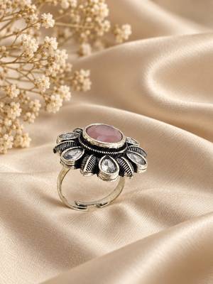 German silver oxidized cz pink floral adjustable finger ring 2
