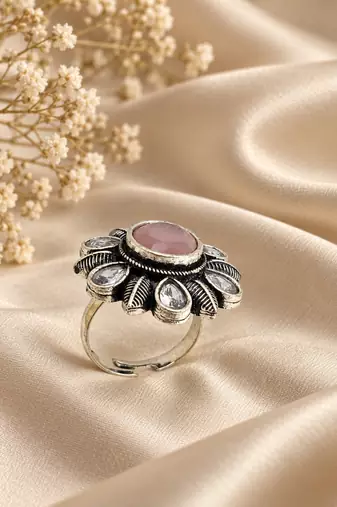 German silver oxidized cz pink floral adjustable finger ring