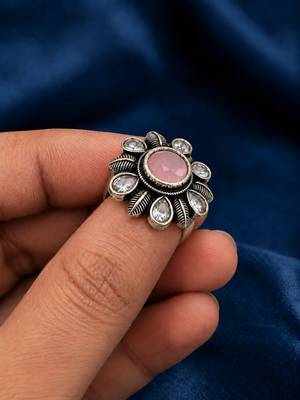 German silver oxidized cz pink floral adjustable finger ring 3