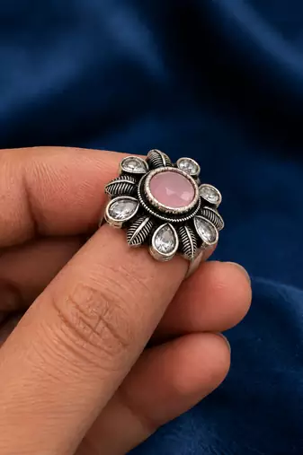 German silver oxidized cz pink floral adjustable finger ring