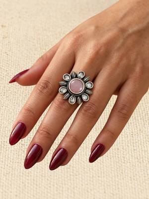 German silver oxidized cz pink floral adjustable finger ring 4