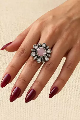 German silver oxidized cz pink floral adjustable finger ring