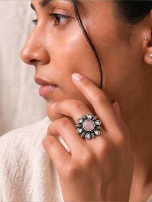 German silver oxidized cz pink floral adjustable finger ring 5