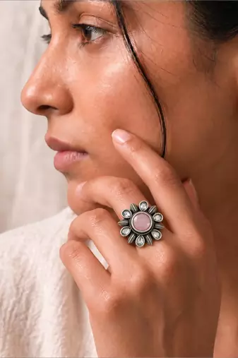 German silver oxidized cz pink floral adjustable finger ring