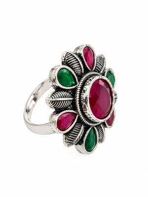 German silver oxidized cz red green floral adjustable finger ring 1