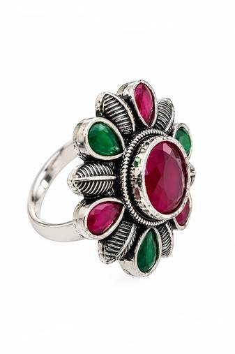 German silver oxidized cz red green floral adjustable finger ring