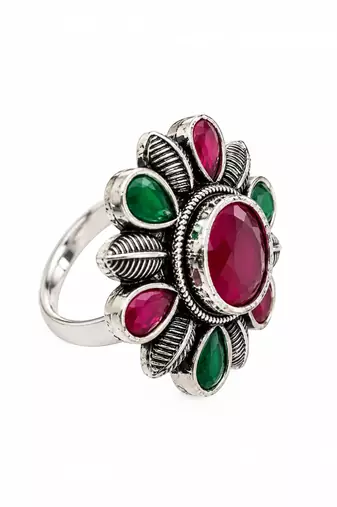 German silver oxidized cz red green floral adjustable finger ring