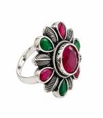 German silver oxidized cz red green floral adjustable finger ring