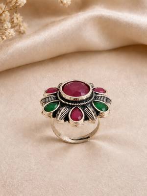 German silver oxidized cz red green floral adjustable finger ring 2