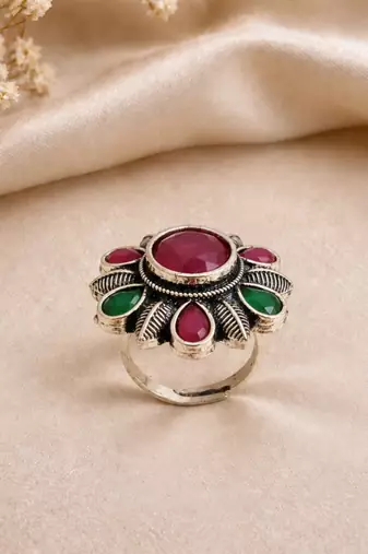 German silver oxidized cz red green floral adjustable finger ring