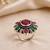 German silver oxidized cz red green floral adjustable finger ring