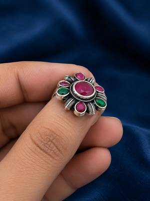 German silver oxidized cz red green floral adjustable finger ring 3
