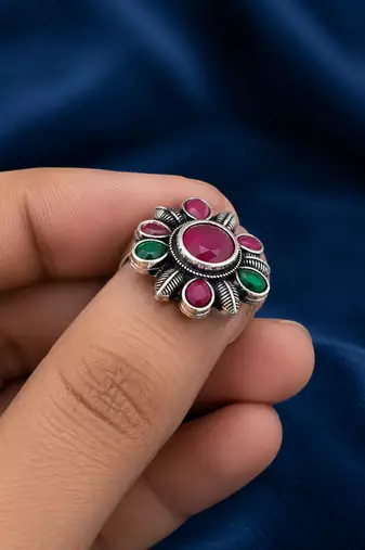 German silver oxidized cz red green floral adjustable finger ring