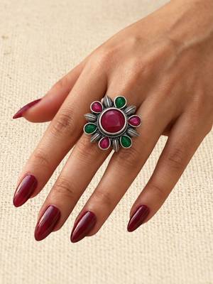 German silver oxidized cz red green floral adjustable finger ring 4
