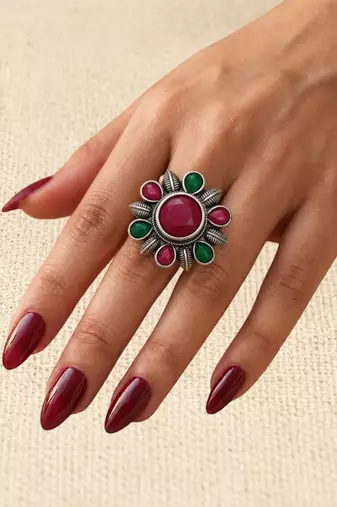 German silver oxidized cz red green floral adjustable finger ring