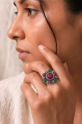 German silver oxidized cz red green floral adjustable finger ring