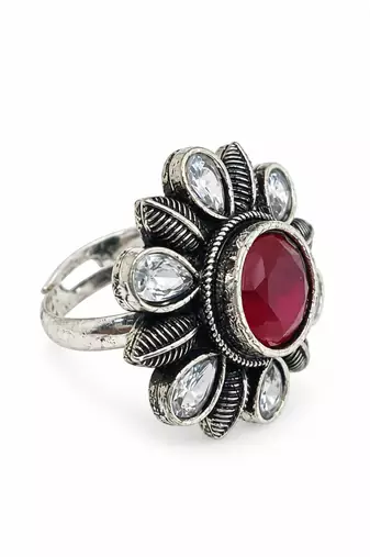 German silver oxidized cz ruby red floral adjustable finger ring