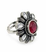 German silver oxidized cz ruby red floral adjustable finger ring