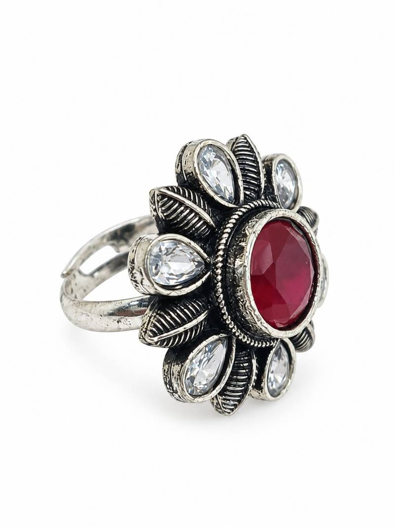 German silver oxidized cz ruby red floral adjustable finger ring