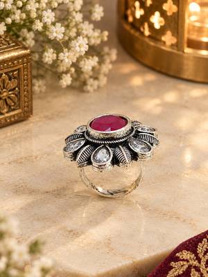 German silver oxidized cz ruby red floral adjustable finger ring 2
