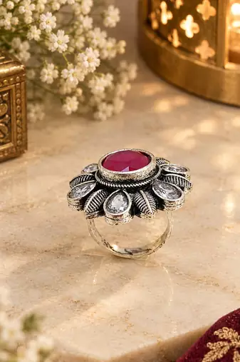 German silver oxidized cz ruby red floral adjustable finger ring