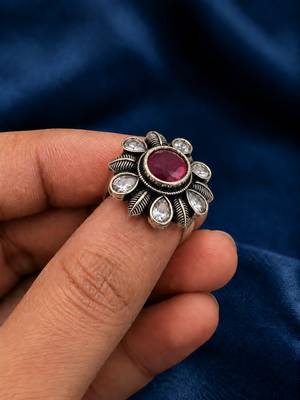 German silver oxidized cz ruby red floral adjustable finger ring 3