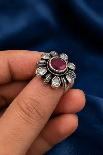 German silver oxidized cz ruby red floral adjustable finger ring