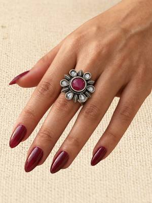 German silver oxidized cz ruby red floral adjustable finger ring 4