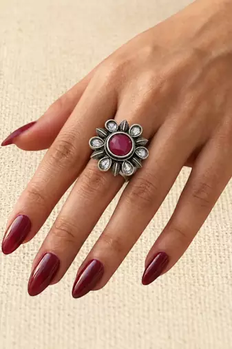 German silver oxidized cz ruby red floral adjustable finger ring
