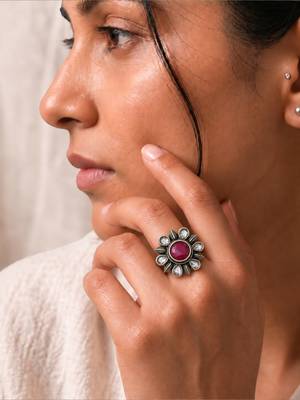 German silver oxidized cz ruby red floral adjustable finger ring 5