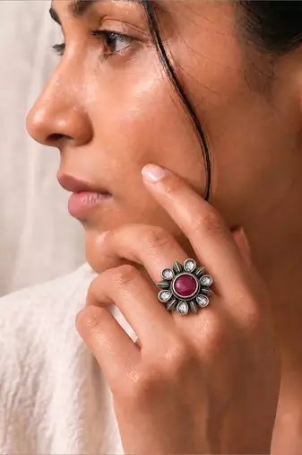 German silver oxidized cz ruby red floral adjustable finger ring