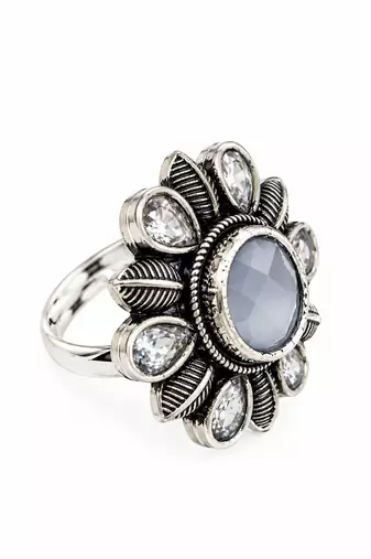 German silver oxidized cz white floral adjustable finger ring
