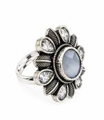 German silver oxidized cz white floral adjustable finger ring