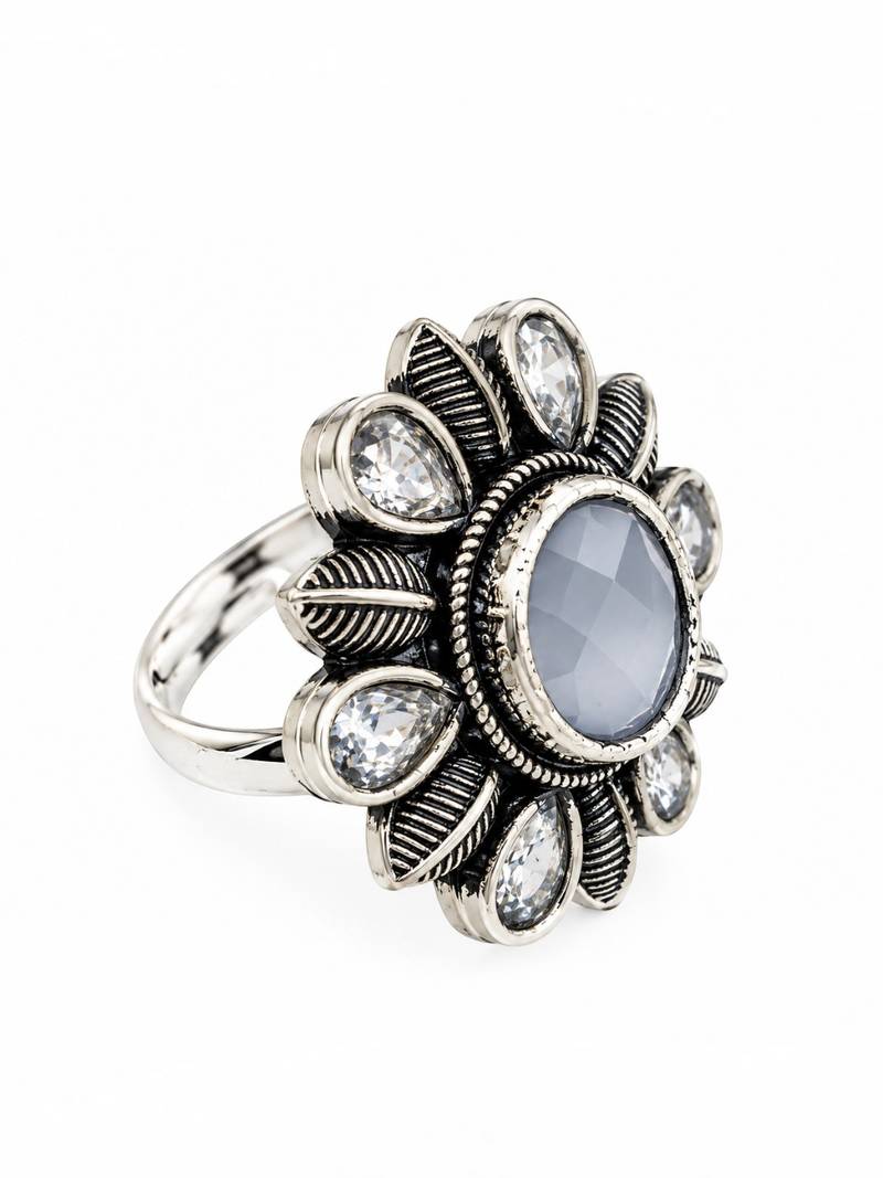 German silver oxidized cz white floral adjustable finger ring