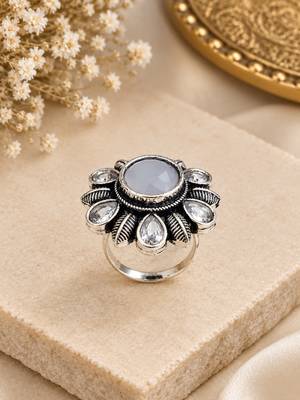 German silver oxidized cz white floral adjustable finger ring 2