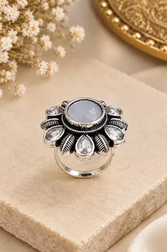 German silver oxidized cz white floral adjustable finger ring