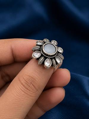 German silver oxidized cz white floral adjustable finger ring 3