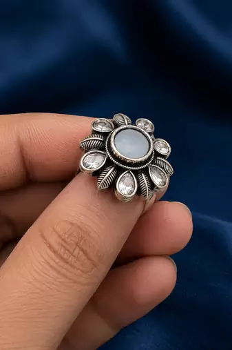 German silver oxidized cz white floral adjustable finger ring