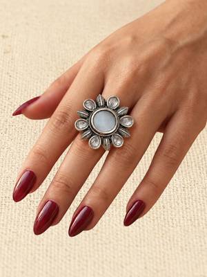 German silver oxidized cz white floral adjustable finger ring 4