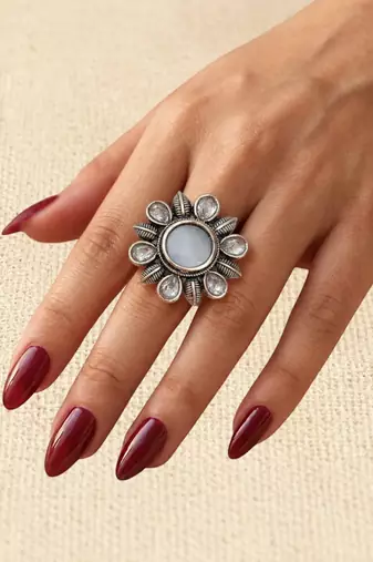German silver oxidized cz white floral adjustable finger ring