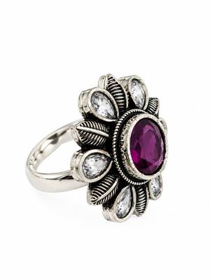 German silver oxidized cz wine floral adjustable finger ring 1