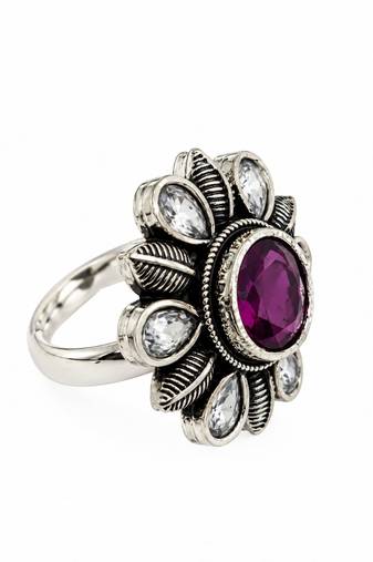 German silver oxidized cz wine floral adjustable finger ring