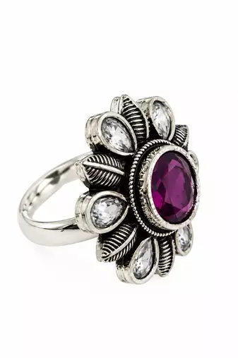 German silver oxidized cz wine floral adjustable finger ring