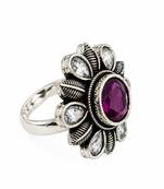 German silver oxidized cz wine floral adjustable finger ring