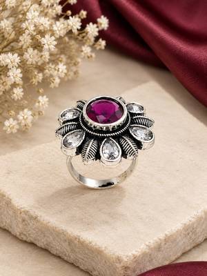 German silver oxidized cz wine floral adjustable finger ring 2