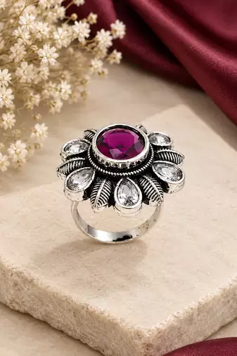 German silver oxidized cz wine floral adjustable finger ring